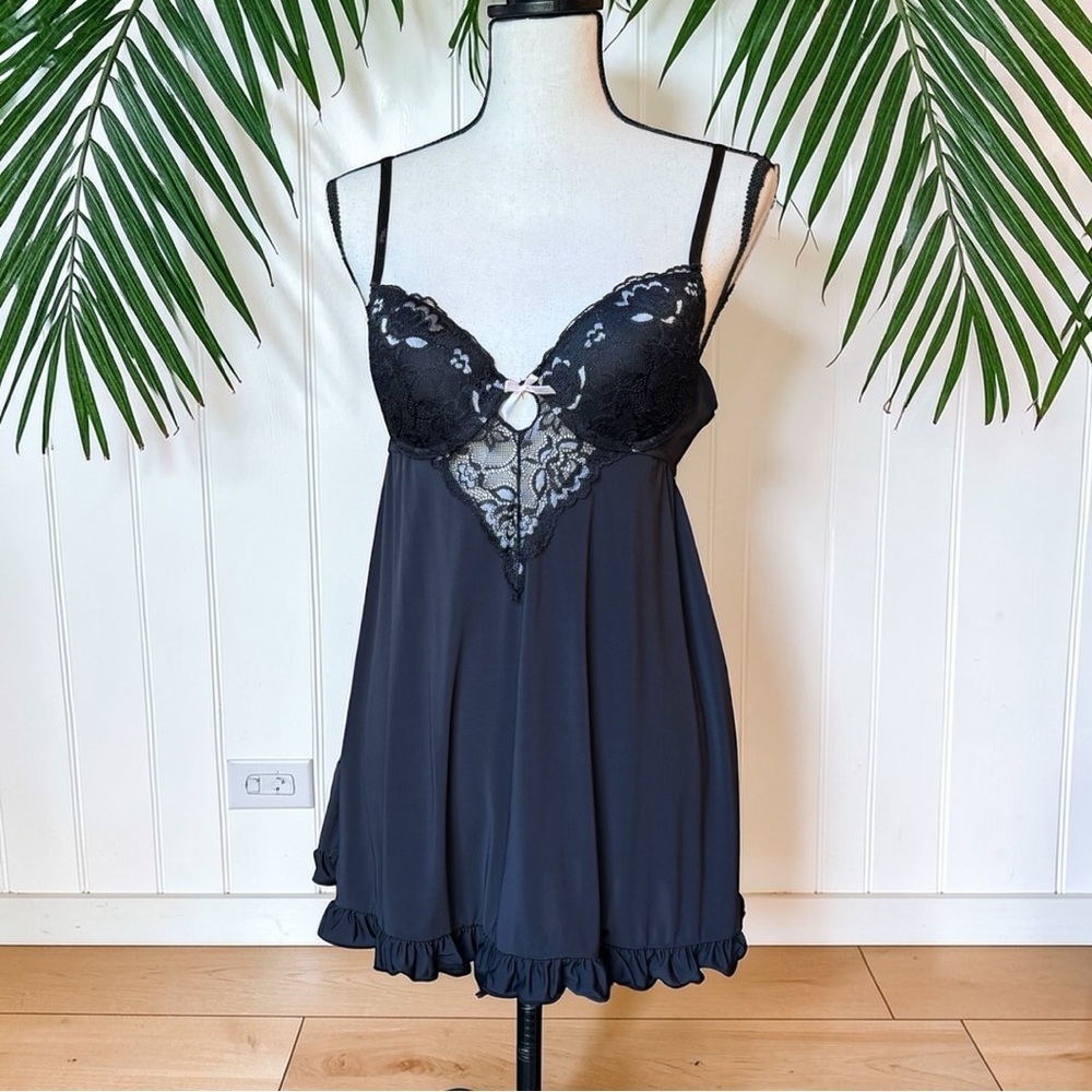 Black Lace Babydoll Lingerie Chemise Ruffle Hem Romantic Sheer Nightie Size M